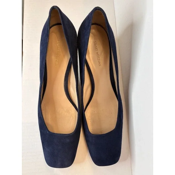 Stuart Weitzman Navy Blue Suede Square Toe Kitten Heel Pumps Shoes Womens 41 - Picture 3 of 7